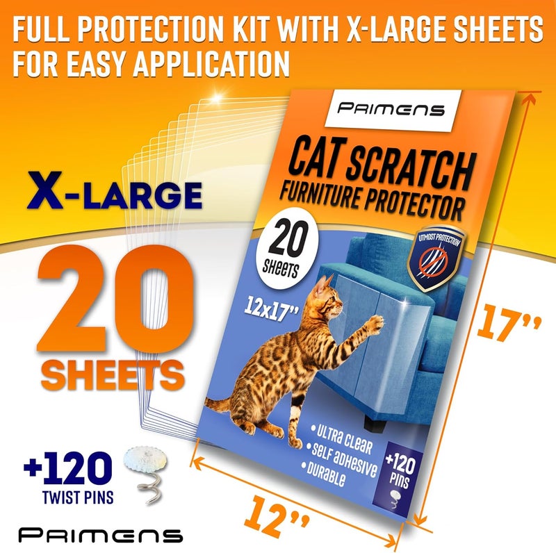 Primens Heavy Duty Cat Scratch Deterrent Furniture Protectors for Sofa, Doors, Clear Couch Protectors from Cats Scratching, Anti Cat Scratch Tape Guards (Clear, 20 Sheets 17x12) - Image 3